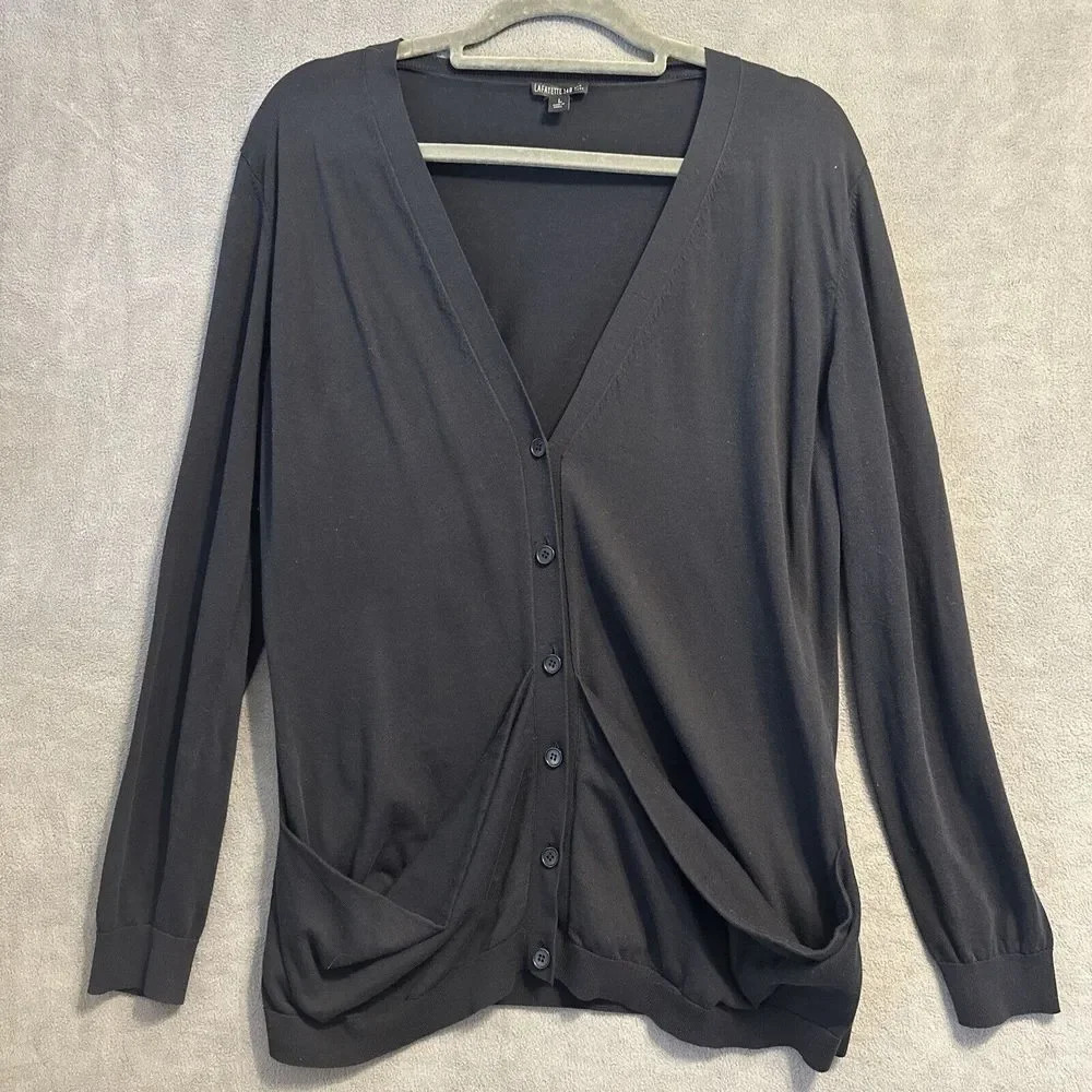 Lafayette 148 Cardigan Sweater Size Large Black V-neck Soft Long Line Pockets